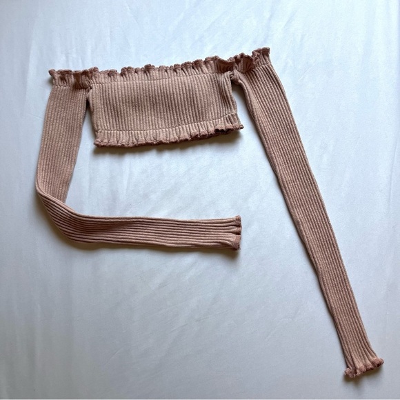 ARE YOU AM I Ribbed Off-Shoulder Crop Top in Tan - Picture 1 of 6